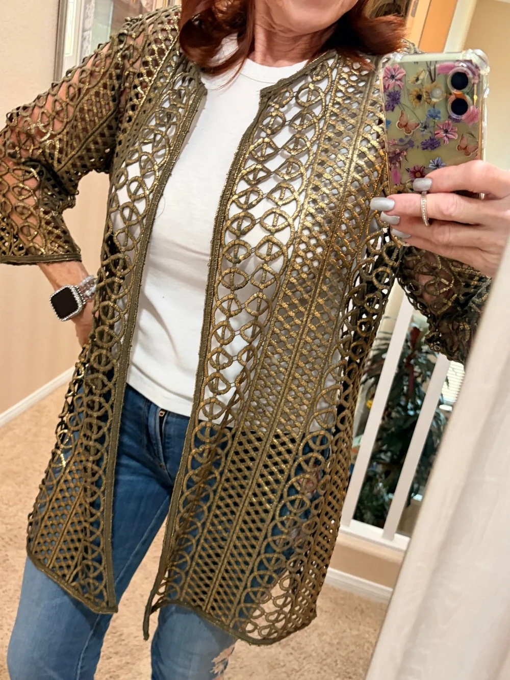 Chicos cutout Olive Green & Gold Open Crochet Cardigan Sweater Jacket Size 1 / S